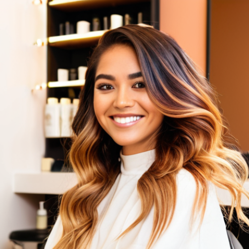 Home 14 **
Prompt: "Busy hair salon, vibrant colors, balayage technique in progress, stylist smiling, client relaxed, warm lighting, modern decor, Canva logo subtly in the background."
**