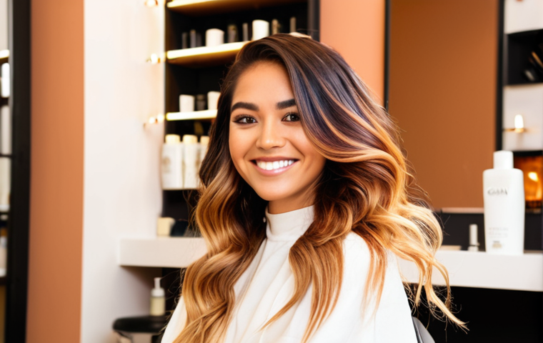 **
Prompt: "Busy hair salon, vibrant colors, balayage technique in progress, stylist smiling, client relaxed, warm lighting, modern decor, Canva logo subtly in the background."
**