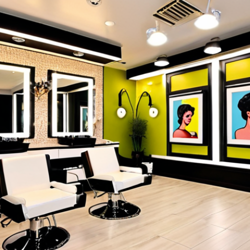 **A vibrant and stylish hair salon interior:** Focus on the salon's ambiance, showcasing comfortable styling stations, modern furniture, strategically placed lighting (both natural and LED), and tasteful decor, including art or a mural. The color scheme should be inviting, and the overall impression should be welcoming and chic.