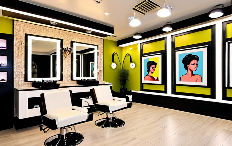**A vibrant and stylish hair salon interior:** Focus on the salon's ambiance, showcasing comfortable styling stations, modern furniture, strategically placed lighting (both natural and LED), and tasteful decor, including art or a mural. The color scheme should be inviting, and the overall impression should be welcoming and chic.