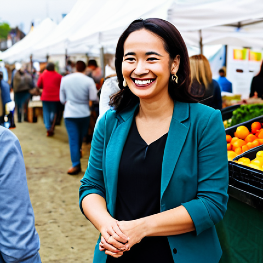 A professional, friendly salon owner, fully clothed in a modest, stylish business casual outfit, observing and interacting with diverse community members at a bustling outdoor farmers' market. The market features various stalls with fresh produce and local crafts, creating a vibrant, family-friendly atmosphere. The owner is smiling warmly, displaying engagement and observation. Perfect anatomy, correct proportions, natural pose, well-formed hands. Safe for work, appropriate content, fully clothed, professional.