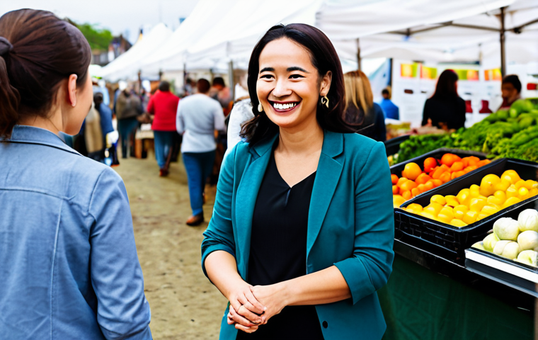 A professional, friendly salon owner, fully clothed in a modest, stylish business casual outfit, observing and interacting with diverse community members at a bustling outdoor farmers' market. The market features various stalls with fresh produce and local crafts, creating a vibrant, family-friendly atmosphere. The owner is smiling warmly, displaying engagement and observation. Perfect anatomy, correct proportions, natural pose, well-formed hands. Safe for work, appropriate content, fully clothed, professional.