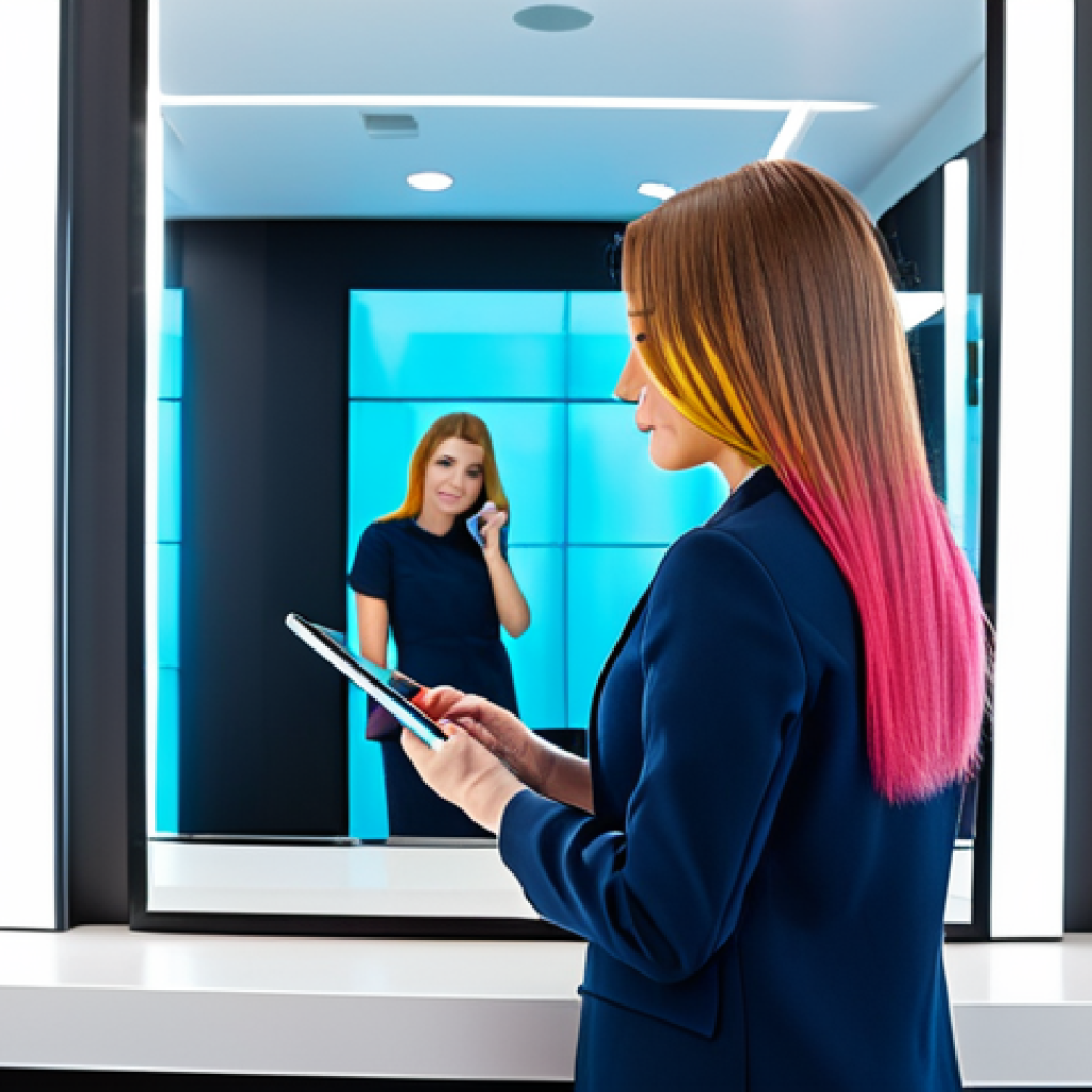 A professional female client in a modest business casual dress, fully clothed, looking into a large augmented reality mirror in a bright, futuristic salon consultation area. The mirror displays various digital hairstyles and colors superimposed on her reflection, showing a personalized hair transformation. A professional female stylist, in a modern, appropriate uniform, stands beside her, holding a tablet to guide the selection process. The salon features sleek, minimalist design, soft lighting, and visible high-tech equipment. Perfect anatomy, correct proportions, natural pose, well-formed hands, proper finger count, natural body proportions. Safe for work, appropriate content, family-friendly, professional photography, high quality.