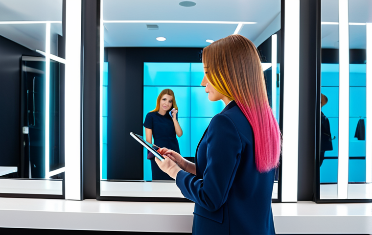 A professional female client in a modest business casual dress, fully clothed, looking into a large augmented reality mirror in a bright, futuristic salon consultation area. The mirror displays various digital hairstyles and colors superimposed on her reflection, showing a personalized hair transformation. A professional female stylist, in a modern, appropriate uniform, stands beside her, holding a tablet to guide the selection process. The salon features sleek, minimalist design, soft lighting, and visible high-tech equipment. Perfect anatomy, correct proportions, natural pose, well-formed hands, proper finger count, natural body proportions. Safe for work, appropriate content, family-friendly, professional photography, high quality.