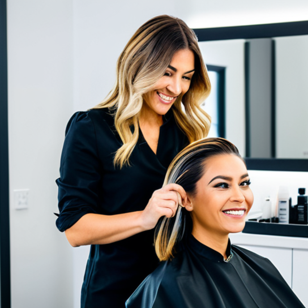 The Salonpreneur in Action**

"A professional, fully clothed hairstylist working in a modern, bright salon studio, appropriate attire, styling a client's hair with a balayage technique. The stylist is smiling and engaging with the client. Background includes salon equipment and products. Perfect anatomy, natural proportions, safe for work, professional, high quality."

**