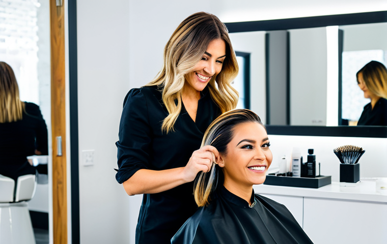 The Salonpreneur in Action**

"A professional, fully clothed hairstylist working in a modern, bright salon studio, appropriate attire, styling a client's hair with a balayage technique. The stylist is smiling and engaging with the client. Background includes salon equipment and products. Perfect anatomy, natural proportions, safe for work, professional, high quality."

**