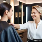 헤어디자이너 첫 고객 응대 실수 - A friendly hairstylist warmly greeting a new client in a modern salon, both smiling with direct eye ...