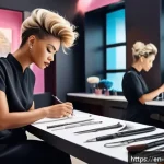 헤어디자이너 대회 준비 과정 - A professional hairstylist in a modern competition setting, sketching detailed hair design concepts ...