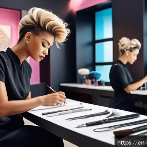 헤어디자이너 대회 준비 과정 - A professional hairstylist in a modern competition setting, sketching detailed hair design concepts ...