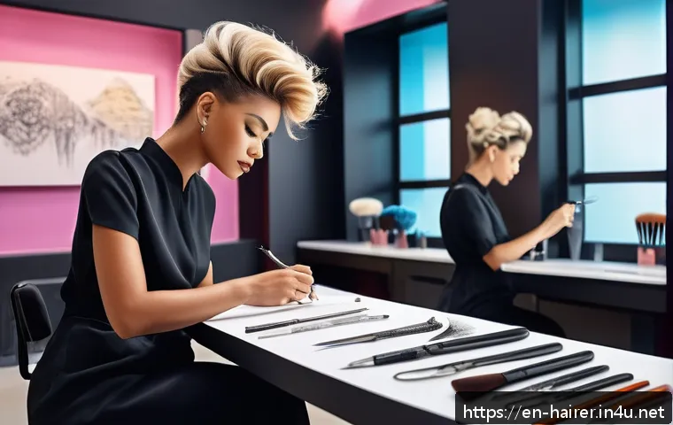 헤어디자이너 대회 준비 과정 - A professional hairstylist in a modern competition setting, sketching detailed hair design concepts ...