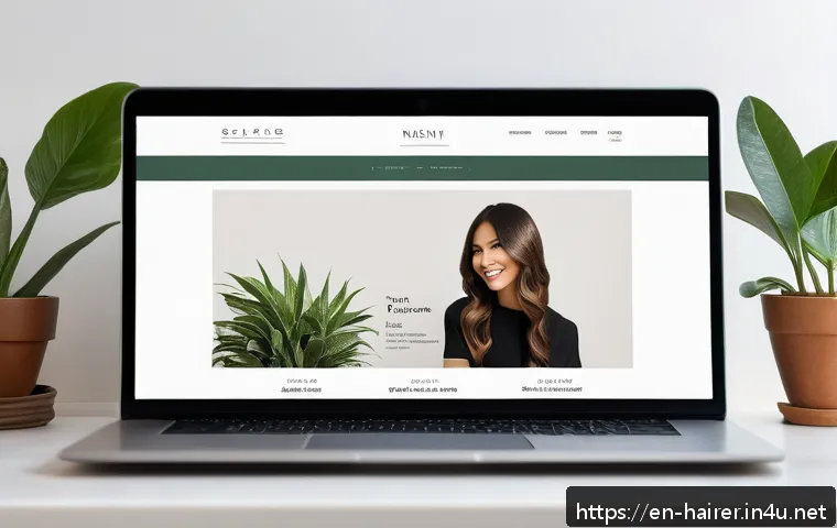 헤어디자이너 마케팅 방법 - A modern, stylish hair salon website homepage displayed on a sleek laptop screen, featuring high-qua...