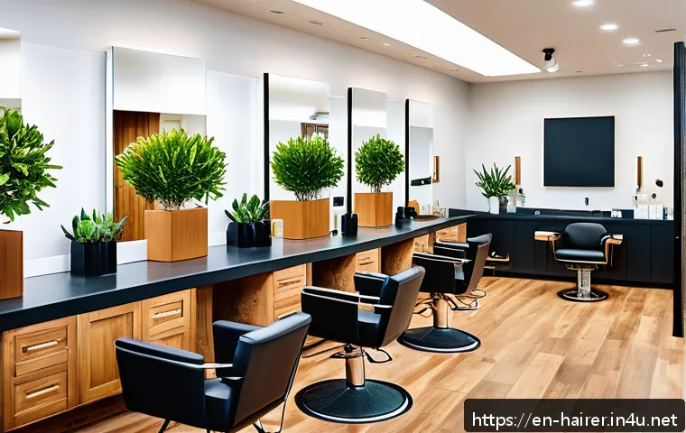 헤어디자이너 블로그 운영 팁 - A bright, modern salon interior featuring a diverse group of clients seated in styling chairs, a hai...