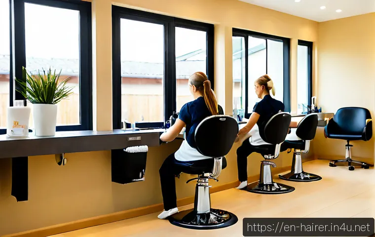 헤어디자이너 고충 해결 방법 - Photorealistic editorial scene of a professional hair stylist taking a brief seated stretch in a cle...